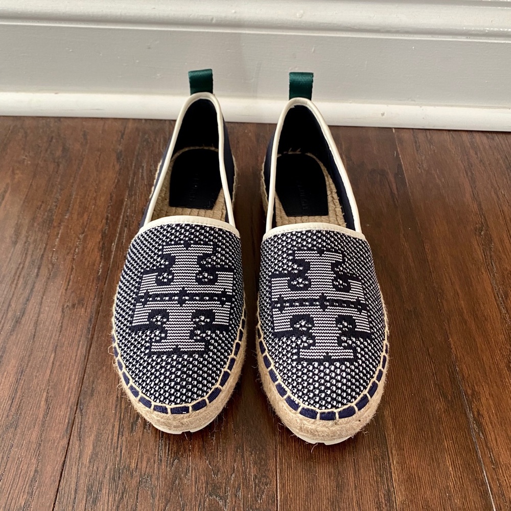 Tory Burch Logo Navy & White Espadrilles Size 7